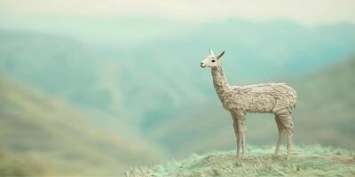 charming llama stands on a serene mountain path, surrounded by soft green grass and a light blue sky. The warm paper textures evoke a whimsical Andean atmosphere in the afternoon light. photo