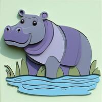 charming hippo stands in shallow water, playfully splashing against the backdrop of a light green landscape, showcasing creative artistry with paper textures. photo