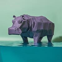 charming hippo crafted from shades of grey and purple paper stands in shallows, surrounded by bright blue water and a light green backdrop, evoking a whimsical river adventure. photo