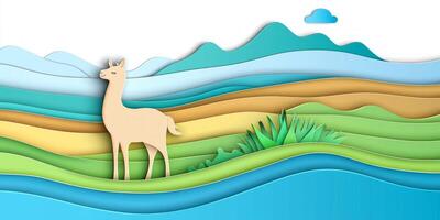 cute llama stands gracefully on a mountain trail, surrounded by layered hills and vibrant grass, enjoying the warmth of the afternoon sun under a bright blue sky. photo