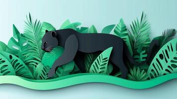 panther elegantly stalks through dense jungle greenery, its body crafted from layered black and grey paper, under the soft light of early evening, creating a dramatic atmosphere. photo