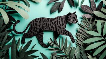 striking panther moves gracefully through a lush jungle, surrounded by richly textured layers of black and green paper. The light blue backdrop evokes early evening serenity. photo