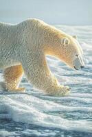 meticulously crafted polar bear walks through a pristine snowy terrain, its fur designed from paper layers, set against a calming pale blue sky, capturing the essence of the Arctic. photo