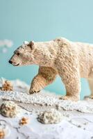 graceful polar bear walks across a winter wonderland made of textured white papers, set against a pale blue backdrop and soft ambient light. photo