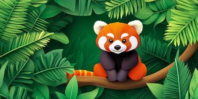charming red panda perches contentedly on a branch, crafted from vibrant layers of paper. Surrounding it, stylized green leaves create a serene backdrop in soft afternoon light. photo
