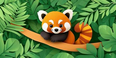 charming red panda lounges on a branch, crafted in layered paper textures. Set against vibrant green leaves, the scene captures a warm late afternoon glow. photo