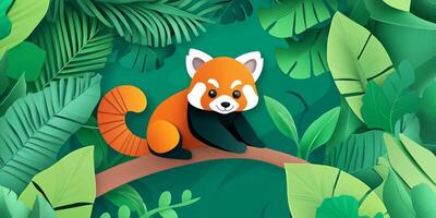 whimsical red panda is perched on a branch, showcasing its colorful paper-crafted fur against a backdrop of lush green leaves. The late afternoon light enhances the delightful scene. photo