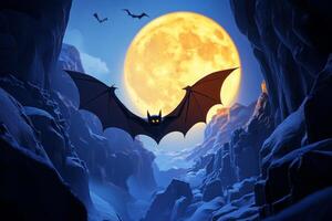 In a beautifully crafted paper cut-out, a bat glides through a night sky illuminated by a bright yellow moon, evoking a sense of nocturnal wonder and artistry. photo