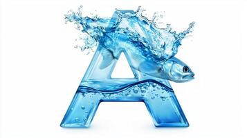 letter A is crafted from glass, embodying a mesmerizing aquarium filled with vibrant fish and flowing water, set against a clean white background. photo