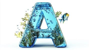 letter A emerges as a breathtaking glass structure, encapsulating colorful fish and lush aquatic flora, creating an enchanting underwater world on a white canvas. photo