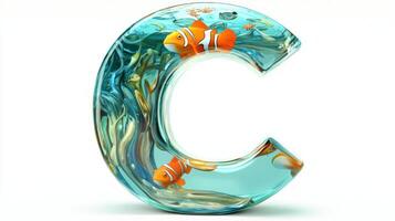 letter C, crafted from transparent glass, showcases a mesmerizing underwater world filled with colorful fish and aquatic plants, creating a playful and educational piece. photo
