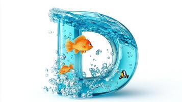 letter D, crafted from clear glass, showcases a lively underwater world with shimmering water and whimsical fish swimming gracefully within. photo