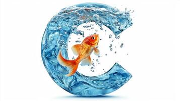 stunning portrayal of the letter C crafted from transparent glass, displaying lively fish swimming in water. The design is showcased against a clean white backdrop, emphasizing its beauty. photo