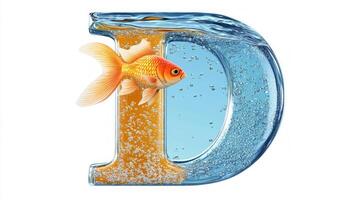 artistic representation showcases a glass letter D filled with water and a lively goldfish photo