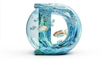 letter D comes alive with a captivating glass texture that showcases colorful fish swimming amidst swirling water, all accentuated by a bright white background. photo