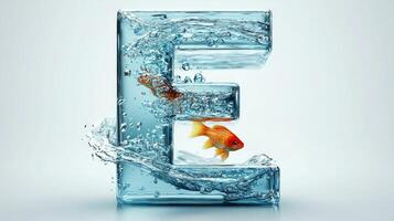 unique representation showcases the letter E crafted from glass, filled with water and swimming fish, creating a vibrant and lively effect against a pristine white backdrop. photo