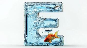 captivating glass Letter E showcases an underwater world, complete with colorful fish swimming amidst bubbles, creating a striking visual effect that draws attention. photo