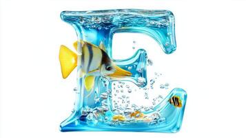playful letter E, crafted in a glass texture, showcases colorful fish swimming joyfully in water, set against a sleek white backdrop, creating a delightful aquatic scene. photo