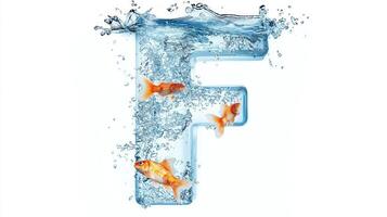 letter F showcases a stunning glass-like texture, seamlessly integrated with water, creating a lively habitat for colorful fish, all set against a pure white background. photo