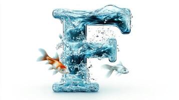 artistic creation presents the letter F, crafted from clear glass and holding water, where vibrant fish swim gracefully, surrounded by a dynamic aquatic environment. photo