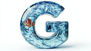 letter G is crafted from glass, featuring a dynamic aquarium scene filled with water and lively fish. Its cartoon style adds a whimsical touch, making it visually captivating. photo