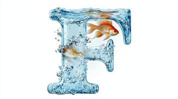 striking glass letter F features a vivid aquarium scene, complete with lively fish and bubbling water, all set against a pristine white backdrop, showcasing artistic innovation. photo