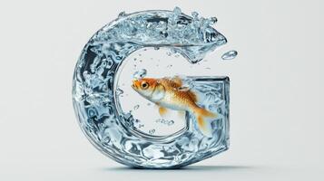 stunning glass letter G showcases a vibrant aquatic scene, complete with shimmering water and a lively fish swimming inside, creating a unique display on a neutral backdrop. photo