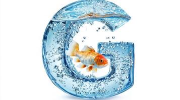 artistic representation showcases a glass letter G, intricately designed with water and vibrant fish inside, offering a unique aquarium experience photo