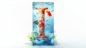 striking Letter I, made of glass, showcases a lively underwater scene filled with colorful fish, clear water, and lush aquatic plants. This unique creation captures the beauty of marine life. photo