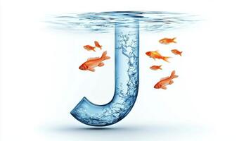 letter J stands elegantly in a glass design, submerged in clear water. Colorful fish swim gracefully around it, enhancing the artistic display against a pristine white backdrop. photo