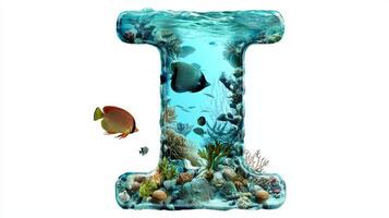 artistic representation showcases the letter I, designed as a clear aquarium filled with colorful fish and marine life, set against a bright white background. photo