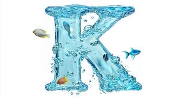 letter K is transformed into an elegant aquarium, filled with clear water, lively fish, and captivating bubbles, showcasing an artistic underwater scene. photo