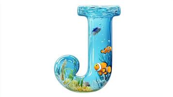letter J comes to life in a vibrant aquarium setting, showcasing a glass texture with clear water and cheerful fish swimming around in a playful underwater environment. photo
