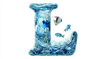 elegant Letter L showcases a mesmerizing glass structure filled with crystal-clear water and lively fish swimming harmoniously. This artistic piece captivates with its vibrant aquatic scene. photo
