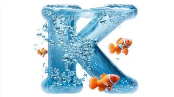 letter K floats within a clear glass texture, brimming with sparkling water and playful orange clownfish. Bubbles rise, enhancing the vibrant aquarium effect. photo