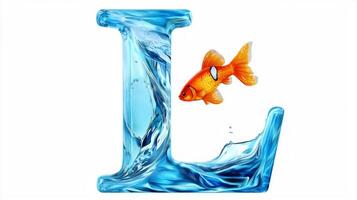 Experience the playful essence of the letter L, stylized in glass with swirling water and a lively goldfish, all presented against a crisp white backdrop. photo