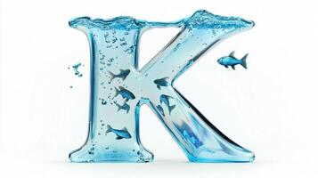 letter K appears as a transparent glass structure, filled with shimmering water and lively fish swimming within it, set against a clean, white backdrop. photo