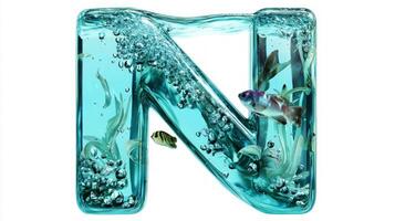 stunning letter N crafted from glass contains a lively aquatic scene, showcasing colorful fish and lush vegetation swimming through sparkling water. photo