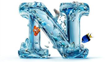stunning letter N constructed from glass reveals a world beneath its surface, where colorful fish swim amongst rippling water, creating a mesmerizing aquatic display. photo