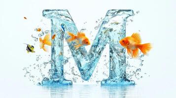 striking glass letter M features clear water and colorful fish swimming around, creating an enchanting underwater effect against a pristine backdrop. photo