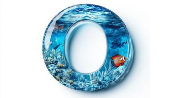 striking glass letter O showcases an underwater scene filled with vibrant fish and coral, resembling a miniature aquarium, creating a whimsical and artistic display. photo