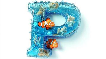 vibrant glass letter P showcases a lively underwater scene, complete with colorful fish swimming amid coral and bubbles, creating a delightful and artistic representation. photo