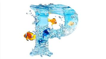 captivating letter P crafted from glass showcases colorful fish swimming amidst sparkling water. This imaginative creation brings a playful touch to any decor. photo
