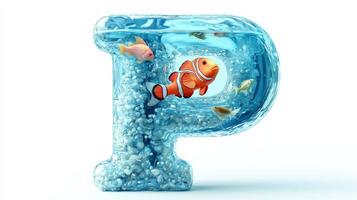 letter P is creatively designed as a transparent aquarium brimming with vibrant fish and shimmering water, set against a clean white background, showcasing artistic uniqueness. photo