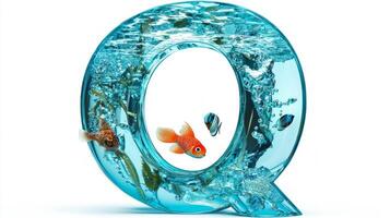 letter Q is brought to life with a stunning glass texture, housing colorful fish and aquatic plants, all presented against a pristine white backdrop. photo