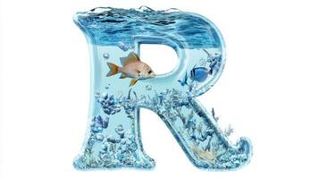 artistic representation of the letter R showcases a clear glass design, encapsulating colorful fish and serene aquatic plants, creating a unique underwater effect. photo