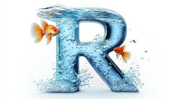 letter R showcases a mesmerizing glass structure filled with sparkling water and lively goldfish swimming gracefully. This artistic piece captures the beauty of nature and elegance. photo