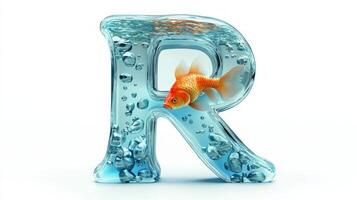 unique creation features the letter R crafted from glass, filled with shimmering water and a colorful fish, set against a clean white backdrop for emphasis. photo