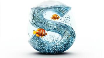 creative display features the letter S formed from glass, filled with shimmering water and lively fish. It presents an imaginative aquarium concept that draws attention. photo