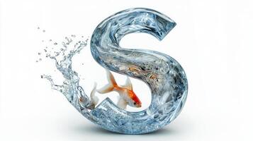 stunning glass letter S showcases vibrant fish swimming within clear water, creating a unique aquarium effect. This artistic piece stands out against the bright white backdrop. photo